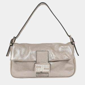 Pre Owned Fendi Metallic Silver Leather Baguette Handbag