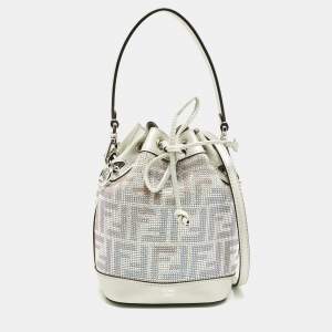 Pre Owned Fendi Grey FF Leather Crystal Mini Mon Tresor Drawstring Bucket Bag