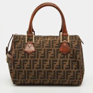 Pre Owned Fendi Tobacco Zucca Canvas and Croc Embossed Leather Forever Bauletto Boston Bag