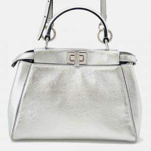 Pre Owned Fendi Peekaboo 2Waybag Silver Leather Size Mini