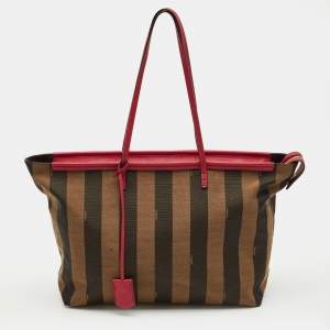 Pre Owned Fendi Tobacco/Magenta Pequin Canvas Medium Roll Shopper Tote