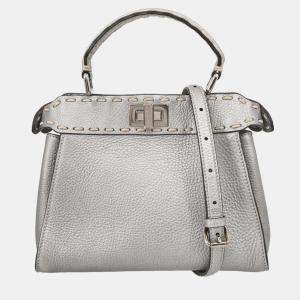 Pre Owned Fendi Metallic Silver Leather Peekaboo 2way Handbag