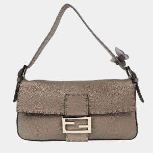 Pre Owned Fendi Gray Leather Stitch Baguette Handbag
