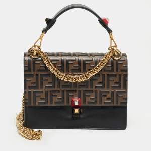 Pre Owned Fendi Black/Brown Zucca Embossed Leather Medium Kan I Shoulder Bag