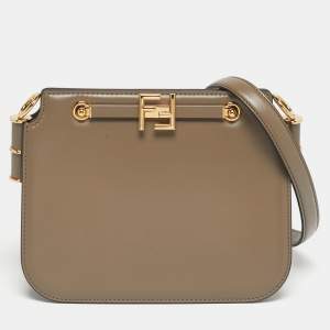 Pre Owned Fendi Dark Beige Leather Touch Shoulder Bag