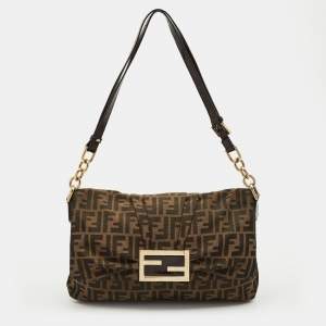 Pre Owned Fendi Tobacco Zucca Canvas and Patent Leather Mia Flap Shoulder Bag