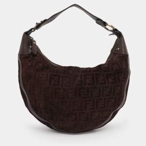 Pre Owned Fendi Brown FF Logo Suede Hobo