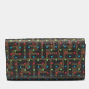 Pre Owned Fendi Tobacco Zucca Coated Canvas Polka Dot Flap Continental Wallet