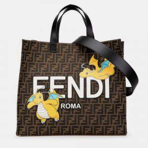 Pre Owned Fendi X Fragment Pokemon Dragonite Sunshine Brown Canvas Leather Tote Bag 