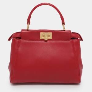 Pre Owned Fendi Red Leather Mini Peekaboo Top Handle Bag