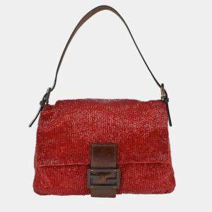Pre Owned Fendi Red Beaded Mamma Baguette Handbag