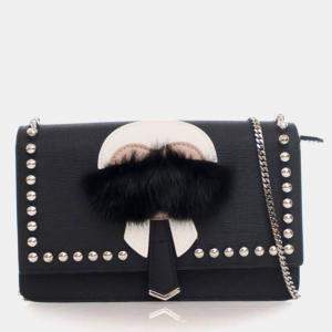 Pre Owned Fendi Karl Lagerfeld Black Calf Leather Wallet On Chain