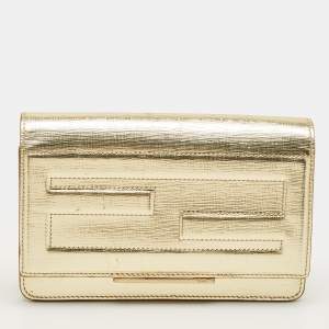 Pre Owned Fendi Gold Textured Leather Tube Wallet