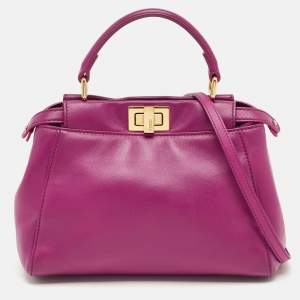 Pre Owned Fendi Fuchsia Leather Mini Peekaboo Top Handle Bag