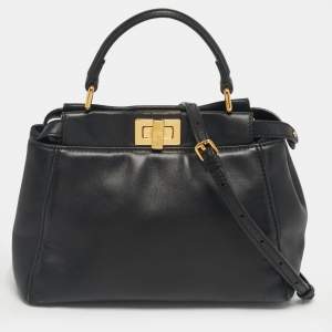 Pre Owned Fendi Black Leather Mini Peekaboo Top Handle Bag