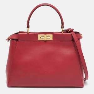 Pre Owned Fendi Red Leather and Beaded Lined Medium Peekaboo Top Handle Bag