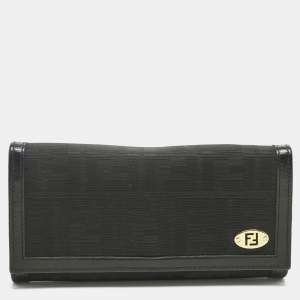 Pre Owned Fendi Black Zucca Fabric and Leather Logo Trifold Continental Wallet