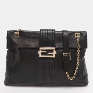 Pre Owned Fendi Black Leather Maxi Baguette Flap Shoulder Bag