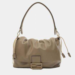 Pre Owned Fendi Mamma Baguette Large Shoulder Bag Leather Beige