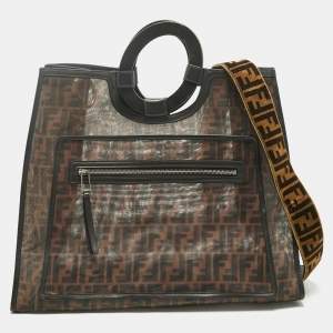 Pre Owned Fendi Tobacco/Black FF Mesh and Leather Large Runaway Shopper Tote