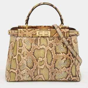 Pre Owned Fendi Green/Beige Python Medium Peekaboo Top Handle Bag
