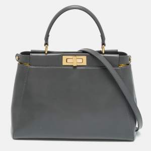 Pre Owned Fendi Dark Grey Leather Medium Peekaboo Top Handle Bag
