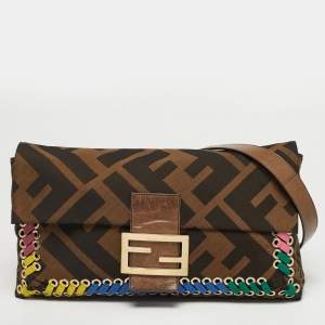 Pre Owned Fendi Brown Giant Zucca Canvas Large Whipstitch Convertible Baguette Bag