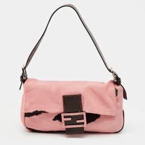 Pre Owned Fendi Pink/Brown Calf Hair and Leather Mama Baguette Bag