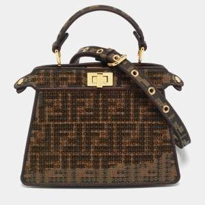 Pre Owned Fendi Tobacco Zucca Canvas and Sequins Petite Peekaboo ISeeU Top Handle Bag
