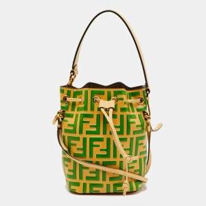 Pre Owned Fendi Cream/Green Zucca Embossed Leather Mini Mon Tresor Bucket Bag