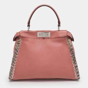 Pre Owned Fendi Whipstitch Peekaboo Regular Old Rose Leather Top Handle Bag