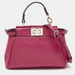 Pre Owned Fendi Peekaboo Micro Fuchsia Leather Crossbody Bag