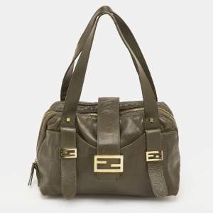 Pre Owned Fendi Olive Green Leather Zip Satchel