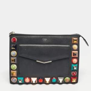 Pre Owned Fendi Rainbow Studded Black Leather Crossbody Bag