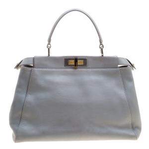 Pre Owned Fendi Grey Leather Medium Peekaboo Top Handle Bag