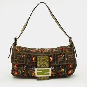 Pre Owned Fendi Beaded Baguette Tobacco/Green Zucca Canvas and Lizard Flap Bag