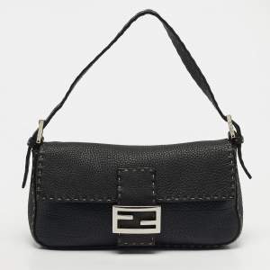 Pre Owned Fendi Baguette Black Selleria Leather Flap Bag