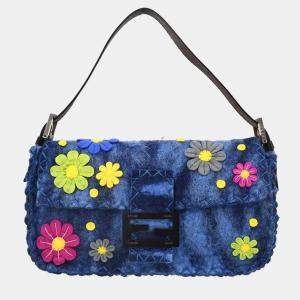 Pre Owned Fendi Blue Felt Patchwork Baguette Handbag