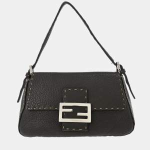 Pre Owned Fendi Dark Brown Leather Stitch Handbag
