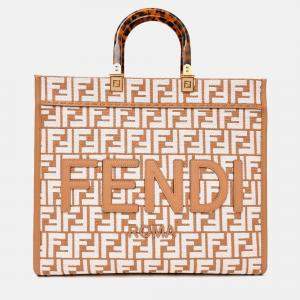 مملوكة مسبقًا Fendi Brown/ White Leather/Canvas FF Zucca Sunshine Shopping Tote With Strap