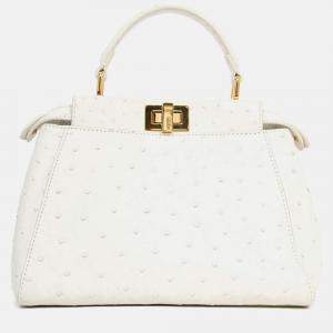 مملوكة مسبقًا Fendi White Ostrich Leather Mini Peekaboo Bag with Strap