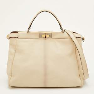 Pre Owned Fendi Peekaboo Large Cream Leather Top Handle Bag