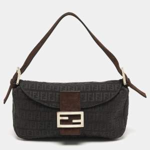 Pre Owned Fendi Baguette Grey/Brown Zucca Fabric and Suede Shoulder Bag