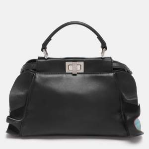Pre Owned Fendi Ruffle Peekaboo Mini Black Leather Top Handle Bag