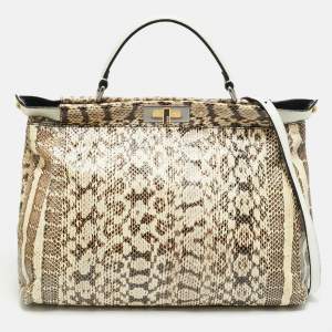 مملوكة مسبقًا حقيبة بيد علوية فندي بيكابو جلد بايثون كريمي/أبيض كبيرة