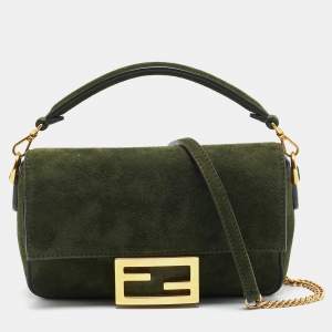 Pre Owned Fendi Baguette Mini Green Suede Shoulder Bag