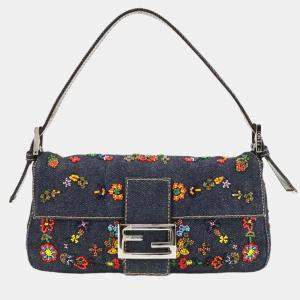 Pre Owned Fendi Zucca Mamma Baguette Shoulder Bag In Navy And Multicolor Denim Beaded Embroidery Floral Pattern
