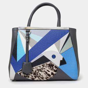 Pre Owned Fendi Grey/Blue Leather Pony Hair Petit Qu Tweet 2Jours Tote