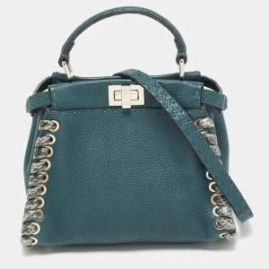 Pre Owned Fendi Whipstitch Peekaboo Small Dark Green Leather and Snakeskin Top Handle Bag