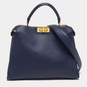 Pre Owned Fendi Peekaboo Iconic Large Navy Blue Leather Essentially Top Handle Bag